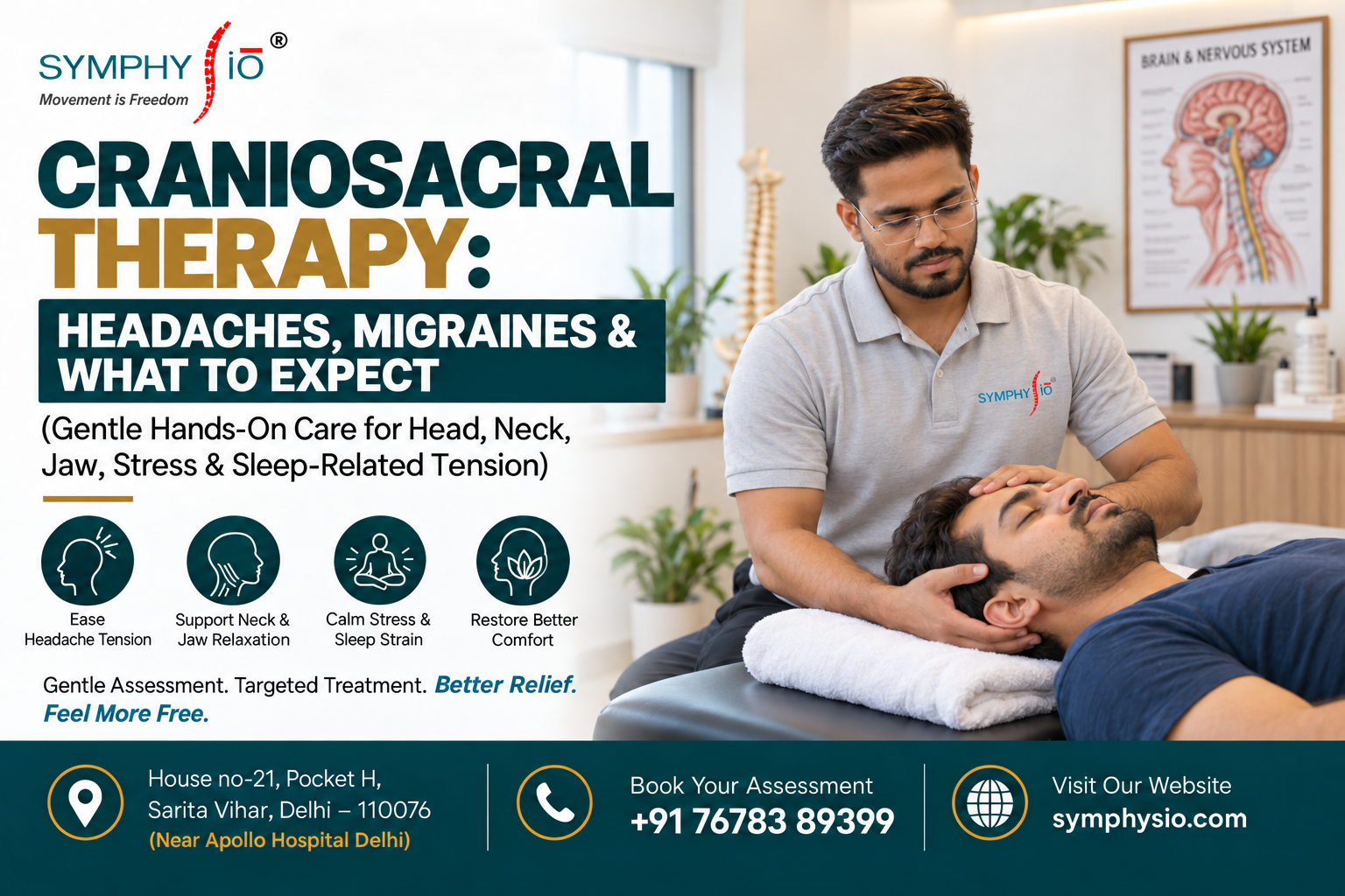 Craniosacral therapy session using gentle hand contact near an adult patient's head and neck
