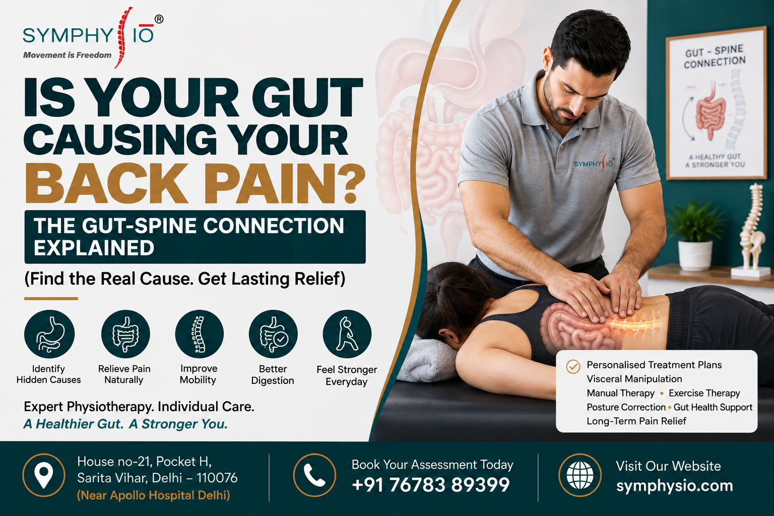 Gut causing back pain - visceral manipulation physiotherapy treatment at Symphysio Sarita Vihar Delhi by Dr Rahul Bhandari