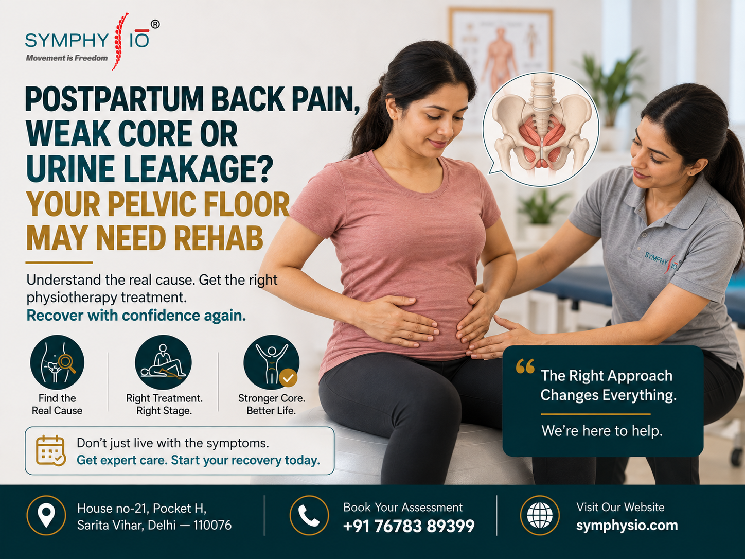 Postpartum pelvic floor physiotherapy in Sarita Vihar, Delhi - core and pelvic floor rehabilitation at Symphysio