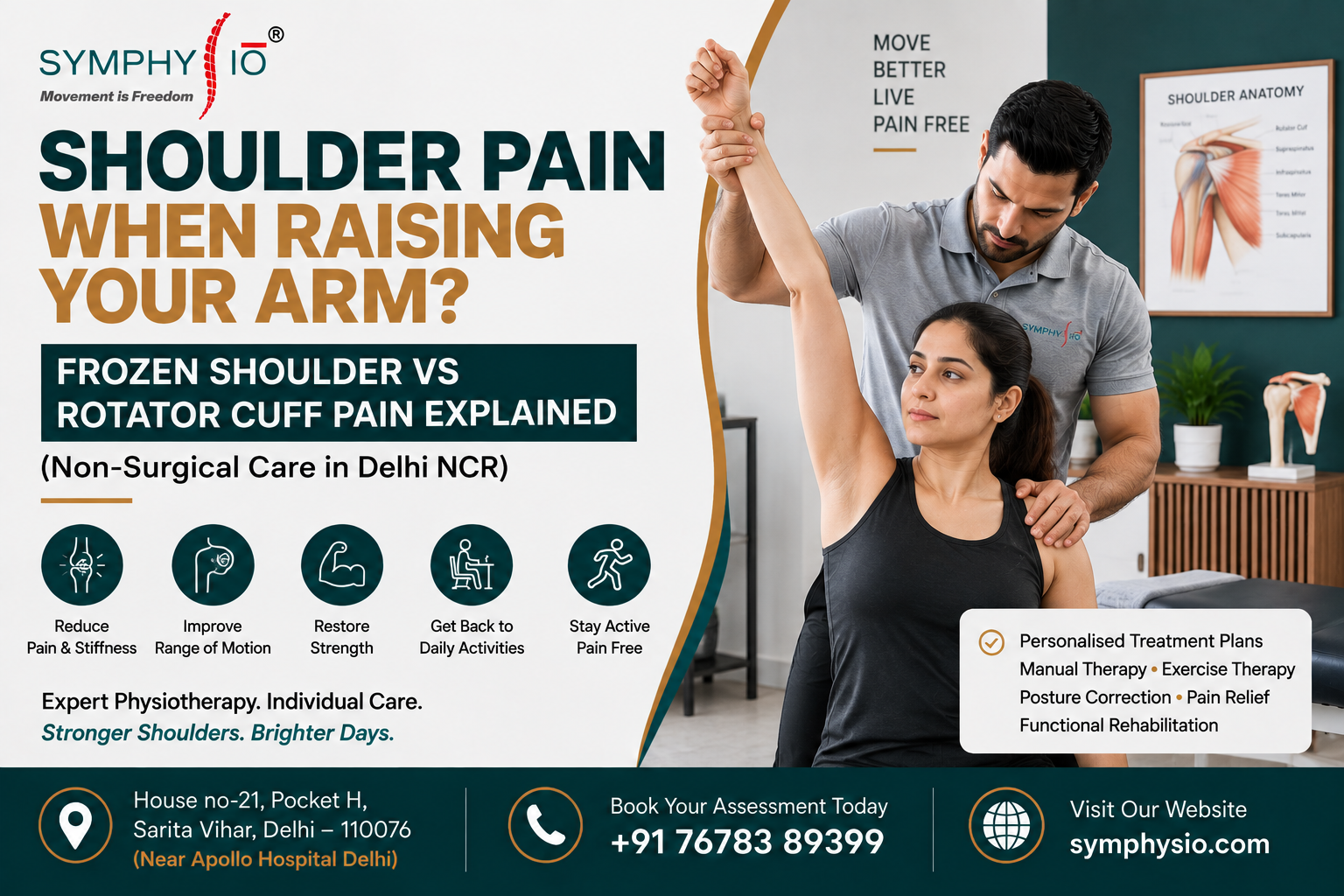 Adult experiencing shoulder pain while raising the arm toward an overhead shelf