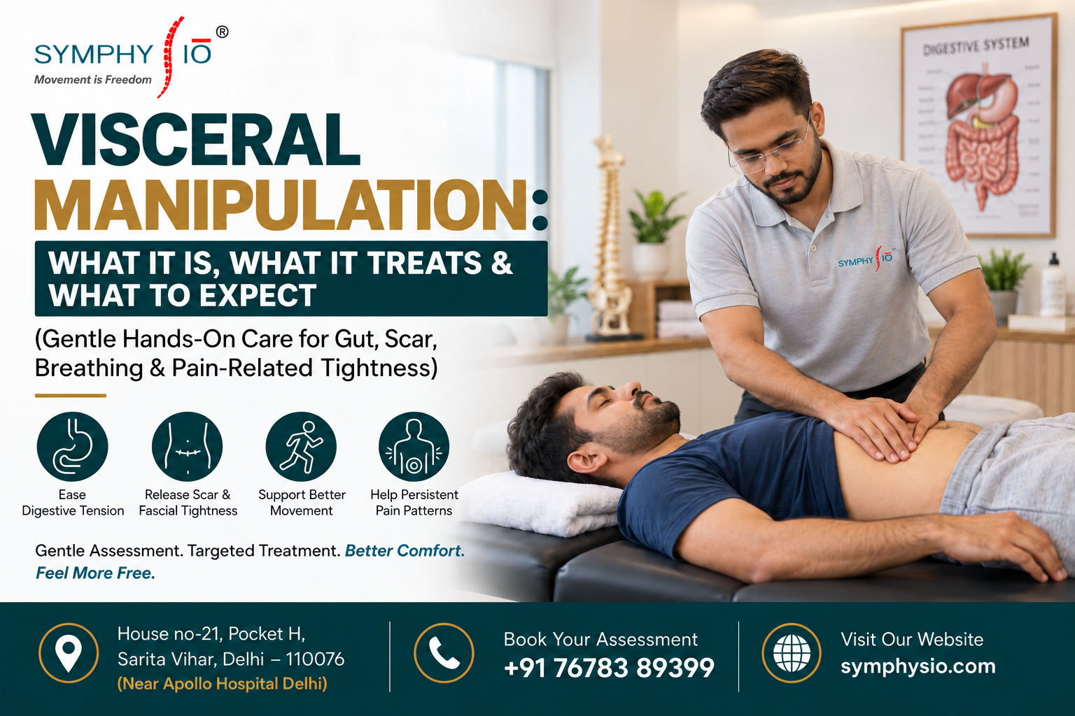 Physiotherapist using gentle hands-on visceral manipulation techniques around a patient's abdomen during an assessment