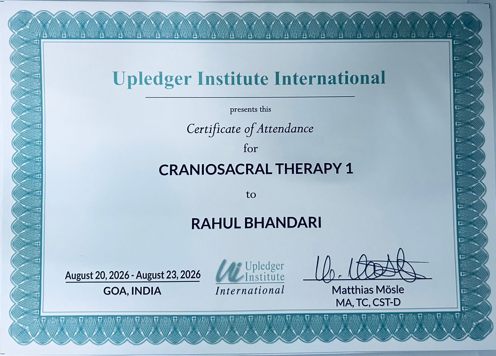 Upledger Institute International — Craniosacral Therapy Level I certificate